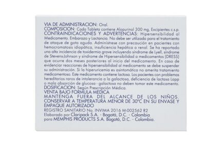 ALOPURINOL TAB 300 MG X 30 UNI drogueria la de todos Colombia